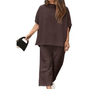 Beautife Women's Plus Size 2 Piece Outfits 3/4 Batwing Sleeve Capelet Crew Neck Pullover Top Wide Leg Pants Lounge Set