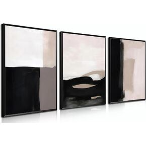 AKWISH Abstract Canvas Wall Art Set of 3, Modern Beige Black and White Wall Decor, Neutral Abstract Artwork Poster Prints Painting for Living Room, Bedroom, Dining Room, Framed 12x16 In