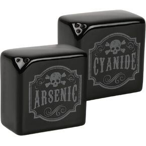Ceramic Salt and Pepper Shakers Set - Spice Shaker Set with Gothic Apothecary Style Arsenic and Cyanide Labels, Cute Salt and Pepper Shakers for Halloween Decor or a Goth Kitchen
