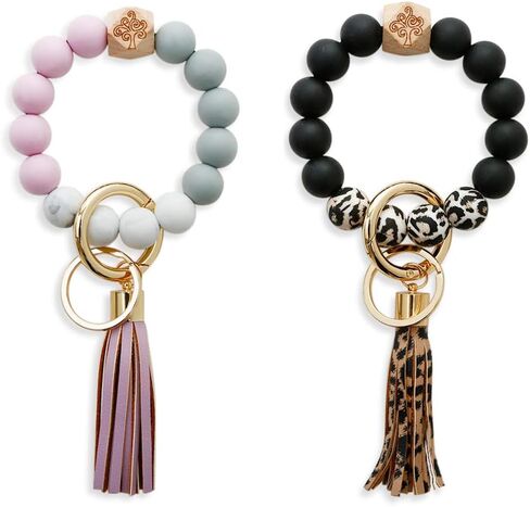 2 Piece Women Silicone Keychain Bracelet Beaded Wristlet Key Ring Bangle Chains with Leather Tassel in Saudi Arabia