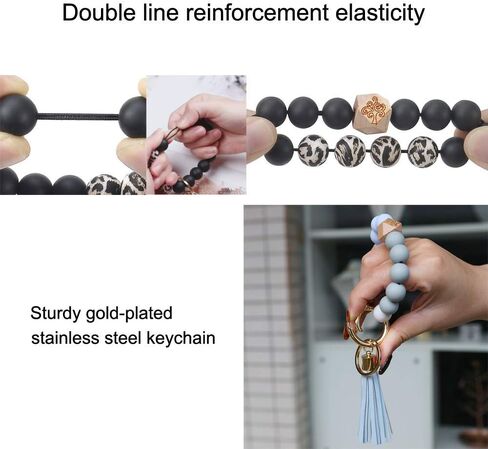2 Piece Women Silicone Keychain Bracelet Beaded Wristlet Key Ring Bangle Chains with Leather Tassel in Saudi Arabia