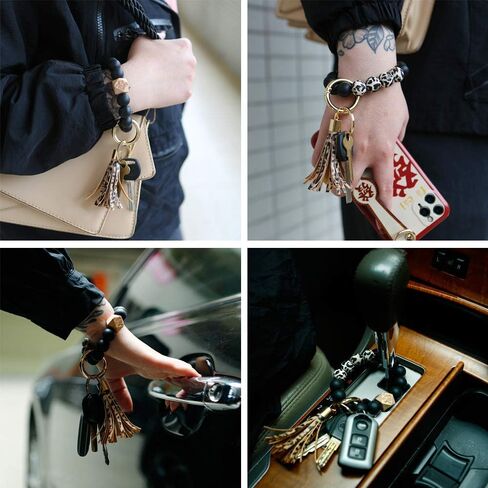 2 Piece Women Silicone Keychain Bracelet Beaded Wristlet Key Ring Bangle Chains with Leather Tassel in Saudi Arabia