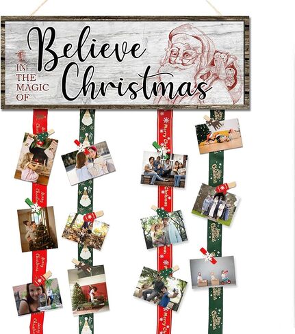 Christmas Card Holder,Christmas Hanging Sign Display,Gift Card Tree Holder, Santa Claus Merry Christmas Wooden Sign Picture Holder with 30 Clips for Farmhouse Christmas Home Holiday Wall Decor in Saudi Arabia
