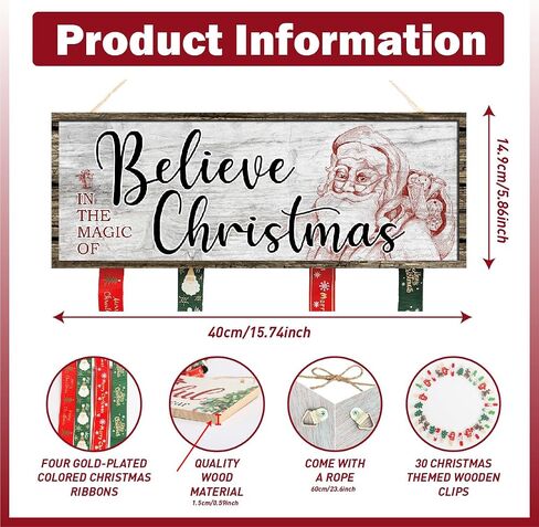 Christmas Card Holder,Christmas Hanging Sign Display,Gift Card Tree Holder, Santa Claus Merry Christmas Wooden Sign Picture Holder with 30 Clips for Farmhouse Christmas Home Holiday Wall Decor in Saudi Arabia