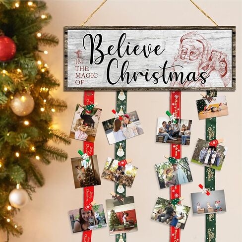 Christmas Card Holder,Christmas Hanging Sign Display,Gift Card Tree Holder, Santa Claus Merry Christmas Wooden Sign Picture Holder with 30 Clips for Farmhouse Christmas Home Holiday Wall Decor in Saudi Arabia