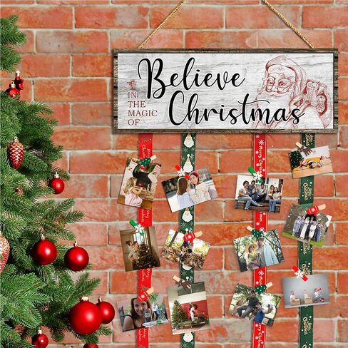 Christmas Card Holder,Christmas Hanging Sign Display,Gift Card Tree Holder, Santa Claus Merry Christmas Wooden Sign Picture Holder with 30 Clips for Farmhouse Christmas Home Holiday Wall Decor in Saudi Arabia
