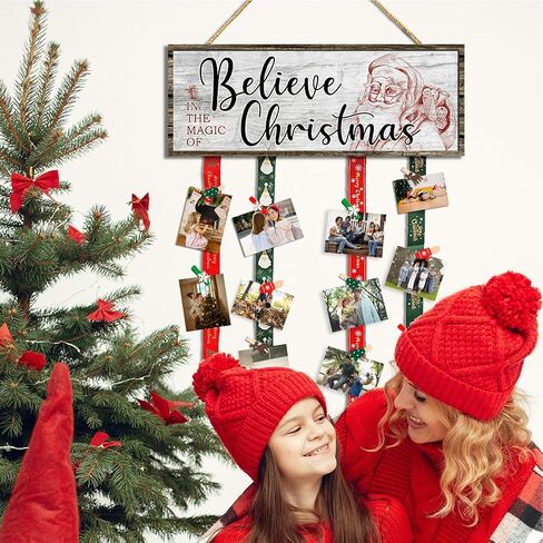 Christmas Card Holder,Christmas Hanging Sign Display,Gift Card Tree Holder, Santa Claus Merry Christmas Wooden Sign Picture Holder with 30 Clips for Farmhouse Christmas Home Holiday Wall Decor in Saudi Arabia
