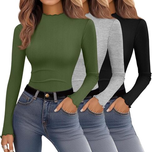 Ficerd 3 Pack Women's Turtleneck Shirt Long Sleeve Ribbed Knit Lettuce Trim Mock Neck Slim Fit Tops 2024 Fall Base Layer in Saudi Arabia