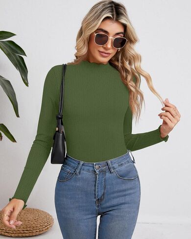Ficerd 3 Pack Women's Turtleneck Shirt Long Sleeve Ribbed Knit Lettuce Trim Mock Neck Slim Fit Tops 2024 Fall Base Layer in Saudi Arabia