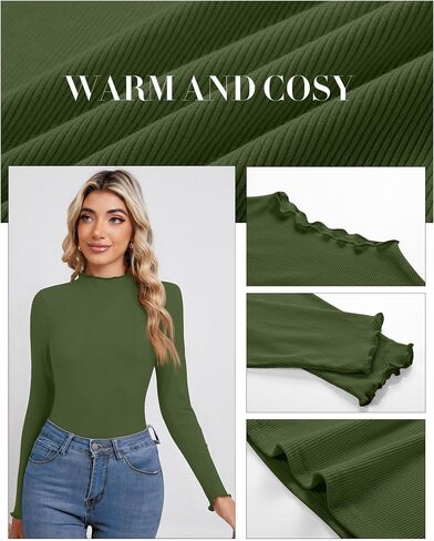 Ficerd 3 Pack Women's Turtleneck Shirt Long Sleeve Ribbed Knit Lettuce Trim Mock Neck Slim Fit Tops 2024 Fall Base Layer in Saudi Arabia