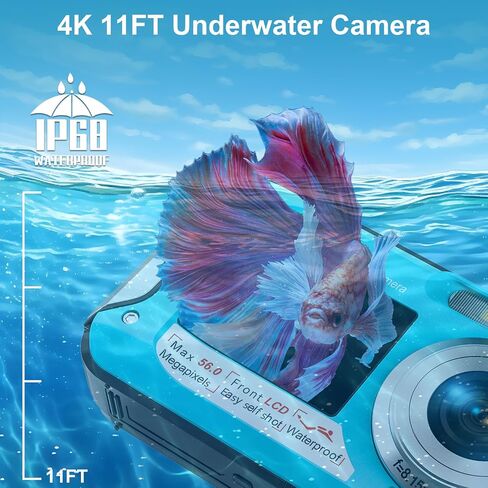 4K Underwater Camera with 32GB Card 1250mAh Battery 56MP Autofocus 11FT Waterproof Camera Dual-Screen Selfie 16X Waterproof Floatable Digital Camera Underwater Camera for Snorkeling in Saudi Arabia