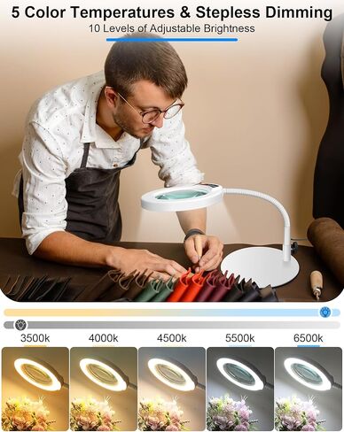 Magnifying Glass with Light and Stand, Hands Free Magnifying Lamp, 5 Color Modes 10 Dimmable Brightness, Metal Base Desk Magnifier Lamp for DIY Craft Reading Painting Sewing Hobby Detail Work in Kuwait