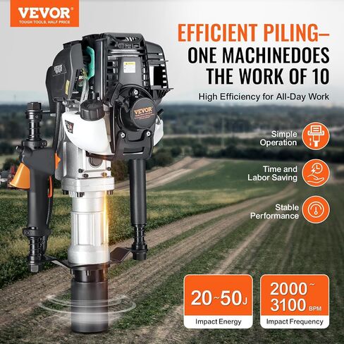 VEVOR 52cc محرك T يعمل بالغاز، محرك بنزين ثنائي الأشواط، محرك Piledriver محمول 1300 وات مع 3 رؤوس قيادة (49/69/100 مم)، للمزرعة، سياج المزرعة، تحسينات الطرق in Saudi Arabia