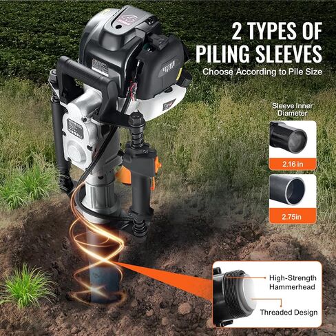 VEVOR 52cc محرك T يعمل بالغاز، محرك بنزين ثنائي الأشواط، محرك Piledriver محمول 1300 وات مع 3 رؤوس قيادة (49/69/100 مم)، للمزرعة، سياج المزرعة، تحسينات الطرق in Saudi Arabia