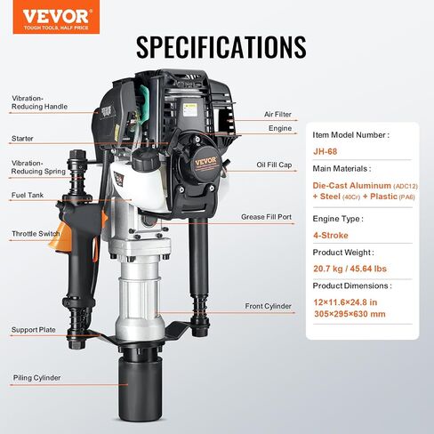 VEVOR 52cc محرك T يعمل بالغاز، محرك بنزين ثنائي الأشواط، محرك Piledriver محمول 1300 وات مع 3 رؤوس قيادة (49/69/100 مم)، للمزرعة، سياج المزرعة، تحسينات الطرق in Saudi Arabia