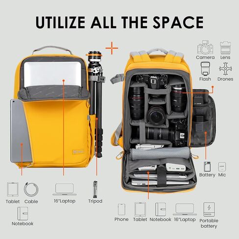 TARION Camera Backpack Waterproof Bag - DSLR Camera Bag with 14in Laptop Compartment Rain Cover, Professional Travel Photography Backpack for Photographers, SLR, Camera Lens, TR-L, Yellow in Saudi Arabia
