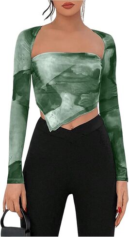 SOLY HUX Women's Tie Dye Tees Long Sleeve Square Neck T-Shirt Asymmetrical Y2k Going Out Crop Tops in Kuwait