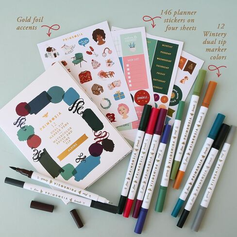 Primrosia 12 Dual Tip Watercolor Marker Pens - Fine Tip & Brush Tips, Professional Quality, Blendable, Non-Toxic, Perfect for Calligraphy, Drawing, Coloring, and Art Projects. (Coastal Set) in Saudi Arabia