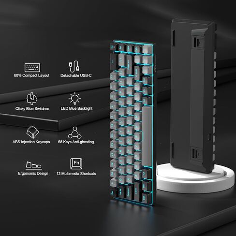 MageGee Portable 60% Mechanical Gaming Keyboard, MK-Box LED Backlit Compact 68 Keys Mini Wired Office Keyboard with Red Switch for Windows Laptop PC Mac - Sky Blue in Kuwait