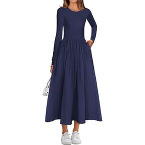 KIRUNDO Women Casual Long Sleeve Wedding Guest Dress Fall Dresses Homecoming Elegant Boho Flowy Midi Dress with Pockets