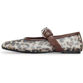 Women's Leopard Mesh Mary Jane Flats Comfortable Round Toe Mesh Ballet Flats with Buckle Strap for Women Slip on Mesh Ballerina Shoes