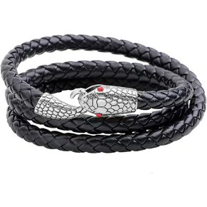 Leather Strap Multi-Strands Snake Head Bangle Bracelets: Layered Handmade Braided Rope Wristband Jewelry for Men Women
