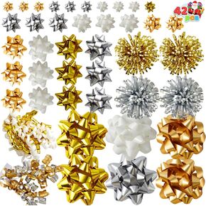 JOYIN 42 قطعة من أقواس الهدايا المتنوعة مع 36 أقواس عيد الميلاد ذاتية اللصق بحجم متعدد الألوان لتغليف الهدايا، 4 أقواس بهرج و2 أقواس مجعدة لعيد الميلاد وحفلات الزفاف وعروض تزيين التغليف in Kuwait