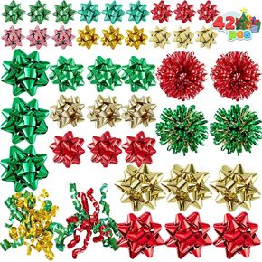 JOYIN 42PCS Gift Bows Assortment with 36 Multi-Colored Size Self Adhesive Christmas Bows for Gift Wrapping, 4 Tinsel Bows and 2 Curly Bows for Birthday Wedding Holiday Presents Wrap Decoration