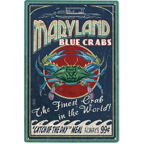 Lantern Press 10x15 Inch Wood Sign, Ready to Hang Wall Decor, Maryland, Blue Crabs Vintage Sign