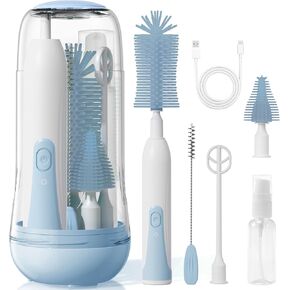 Electric Bottle Brush Cleaner, 9 in 1 Baby Bottle Brush Kit with Nipple Straw Crevice Brushes Drying Rack Extender Soap Dispenser Storage Box, Rechargable Bottle Cleaner Set for Travel & Home (Pink)