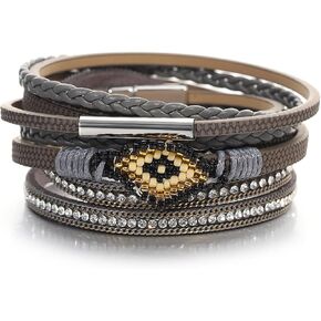 hotoo Braided Leather Wrap Bracelets for Women Grey Boho Bead Bracelet Cuff Stackable Bangle Gifts for Her Him Mom Dad Daughter Sister Best Friend