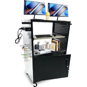 AV cart with locking cabinet and keyboard tray Height Adjustable Utility Cart with Extra Storage,Computer Cart with Wheels and Power Strip for Presentations Office Holds 300 lbs(Black/43"x18"x43")
