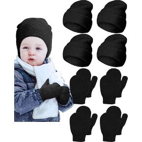 4 Sets Toddler Boys Hat and Glove Kids Winter Beanies with Gloves Warm Knitted Baby Beanie Hats Set Cuffed Skull Cap for Boys Girls