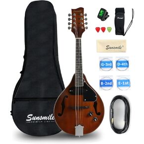 A-Style 8 String Acoustic-Electric Mandolin Instrument with Pickup Sapele Top Arched F Holes Body Okoume Neck Walnut Bridge with Gig Bag, Cable, Tuner, Strings, Strap, Picks and Polish Cloth.
