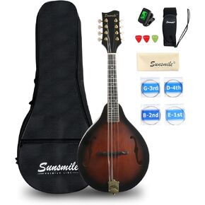 A-Style 8 String Acoustic-Electric Mandolin Instrument with Pickup Sapele Top Arched F Holes Body Okoume Neck Walnut Bridge with Gig Bag, Cable, Tuner, Strings, Strap, Picks and Polish Cloth.