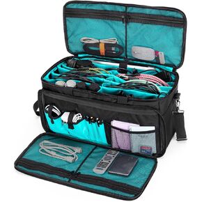 LoDrid Large Cable File Bag with Inside Padded Bottom and Detachable Dividers, DJ Bag with Multiple Pockets for 15.6" Laptop, DJ Gear, Sound Instrument, and Music Equipment, Black