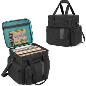 LoDrid Vinyl Record Storage Bag with 4 Boards Around and 2 Detachable Dividers, Holds Up to 60 LP Records, Travel Album Carrying Case with Separated Laptop Layer Up to 14", Bag Only, Black