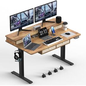 55 * 30 Inches Electric Standing Widened Desk Adjustable Height with 4 Drawers, Double Storage Shelves Stand Up Desk, Home Office Workstation Sit Stand up Desk (Rustic Brown)