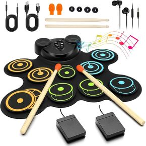 BESFAN Portable Electronic Drum Pad Set for Kids - 10 Pads Roll up Drum Practice Pad with Pedals & Stick, Headphone, Musical Instruments for Kids Age 6-9, Great Holiday Christmas & Birthday Gift
