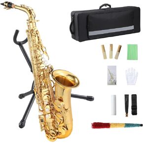 AS200 Tenor Saxophone, B Flat Tenor Saxophone with Mouthpiece, Reeds, Strap, Case, Cleaning Cloth, Gloves and Brush, Gold Beginner Tenor Sax for Students Kids and Musicians