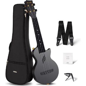 Enya Concert Ukulele Nova U 23’’ Carbon Fiber Travel Ukulele with Beginner Kit includes online lessons, case, strap, capo and strings (Black)