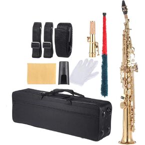 Brass Straight Soprano Sax Saxophone, Bb B Flat Woodwind Instrument Shell Key Carve Pattern with Carrying Case Gloves Cleaning Cloth Straps Cleaning Rod