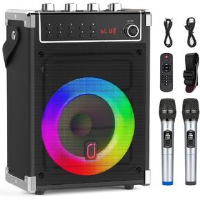 JYX Karaoke Machine with 2 Wireless Microphones, Portable Bass/Treble Bluetooth Speaker with LED Light, Support TWS, AUX in, FM, REC PA System with Remote Control, Supply for Party/Adults/Kids
