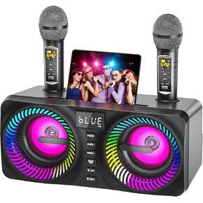 Karaoke Machine for Adults Kids with 2 Wireless Microphones, Portable Bluetooth Speaker with 9 Modes Dynamic LED Lights, Karaoke Speaker with PA System Bass/Echo/USB/TF/AUX for Home Birthday Party