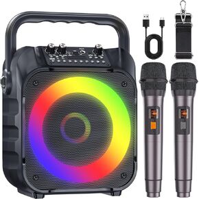 Karaoke Machine with Two Wireless Microphones, Portable Karaoke Machine for Adults & Kids, Portable Bluetooth Speaker with PA System, LED Lights, Supports TF Card/USB, AUX in, FM, USB,TWS (Black)…