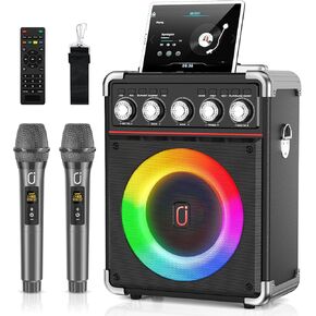 Karaoke Machine with 2 Microphones: HWWR Portable Karaoke Machine for Adults Kids, Bluetooth Karaoke Speaker with Bass/Treble Adjustment, PA System with Remote Control/LED Lights, Support REC/USB/AUX