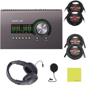 Universal Audio Apollo x4 Desktop Thunderbolt 3 Audio Interface Bundle w/Samson Over-Ear Headphones, 2-Pack Pig Hog 8mm XLR Mic Cable, 2-Pack Pig Hog "Black Woven" Instrument Cable, & Pop Filter