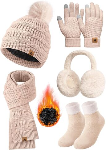 Womens Winter Beanie Hat Scarf Gloves Set Fleece Hat Long Scarf Neck Warmer Ear muffs Fuzzy Socks 5 in 1 Knit Sets in Kuwait