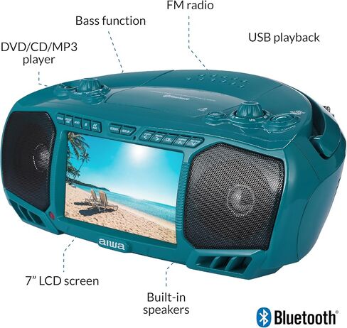 Aiwa Portable Boombox, Crystal Clear Sound with 3W x 2 Speakers and Bass Function, Featuring a 7" LCD Display, Bluetooth Connectivity, FM Radio, CD/DVD Player, Streaming on Roku and Amazon Firestick in Kuwait