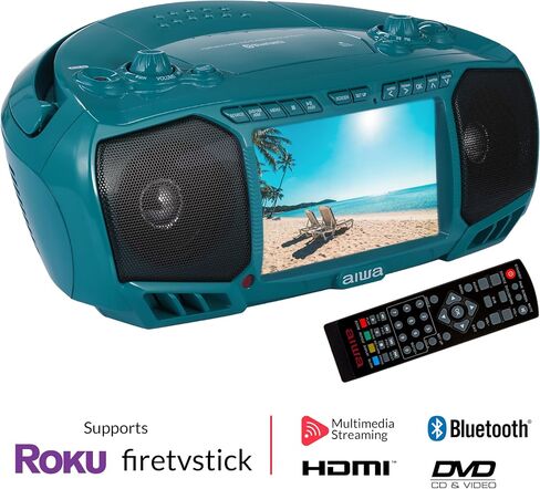 Aiwa Portable Boombox, Crystal Clear Sound with 3W x 2 Speakers and Bass Function, Featuring a 7" LCD Display, Bluetooth Connectivity, FM Radio, CD/DVD Player, Streaming on Roku and Amazon Firestick in Kuwait